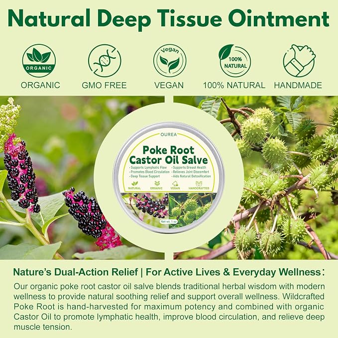 Poke Root Castor Oil Salve, Organic Lymphatic Support Massage Balm, Deep Tissue Ointment for Cyst, Boils, Breast, Fibroids, Swollen Lymph Nodes & Joint, Natural, Vegan - 1 Oz