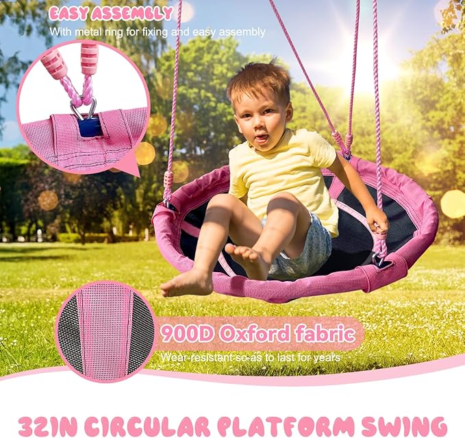 JYGOPLA 440lbs 2 Seat Kids Small Swing Sets for Backyard, 1 Saucer Tree Swing 32 inch, 1 Belt Swings, Heavy Duty Metal Swing Stand with Anchors(Pink+Blue)