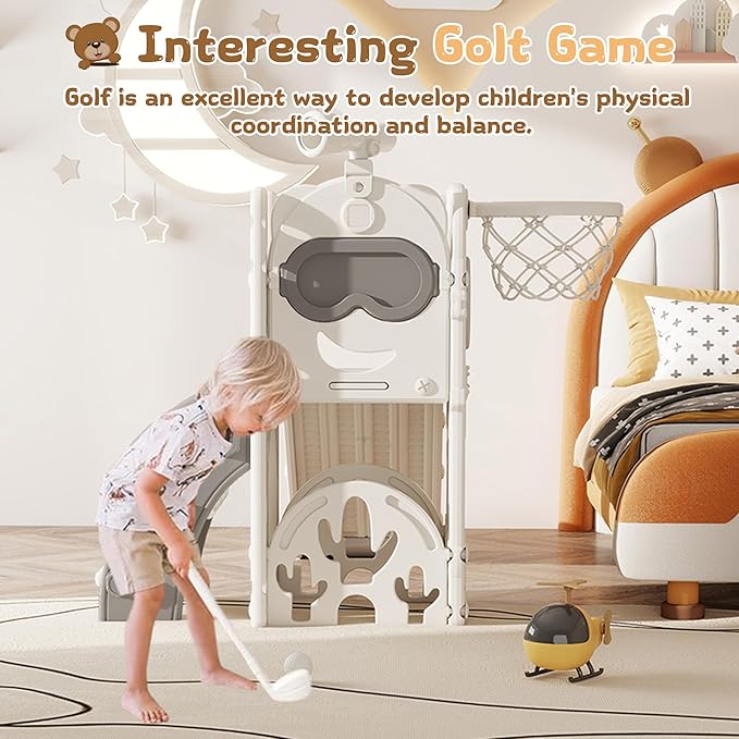 8-in-1 Toddler Slide, Indoor Slide for Toddlers Ages 1-3 and Indoor/Outdoor Play Set Playground with Storage, Climber, Telescope, Golf Set, Drawing Set, Basketball Hoop Bear Theme