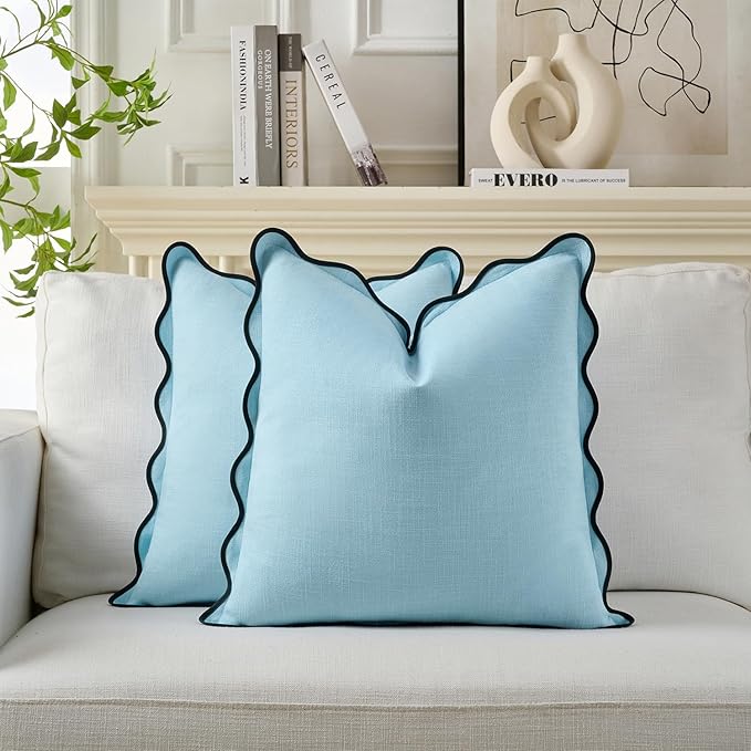 Scalloped Throw Pillow Covers Set of 2 for Living Room, Boho Sytle Decorative Home (Blue & Teal, 20x20 Inch)