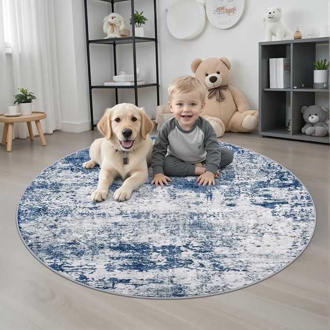 Round Area Rug for Living Room: 4 ft Washable Modern Abstract Soft Thin Rug Indoor Floor No Slip Stain Resistant Carpet for Bedroom Dining Room Farmhouse Nursery Home Office - Blue
