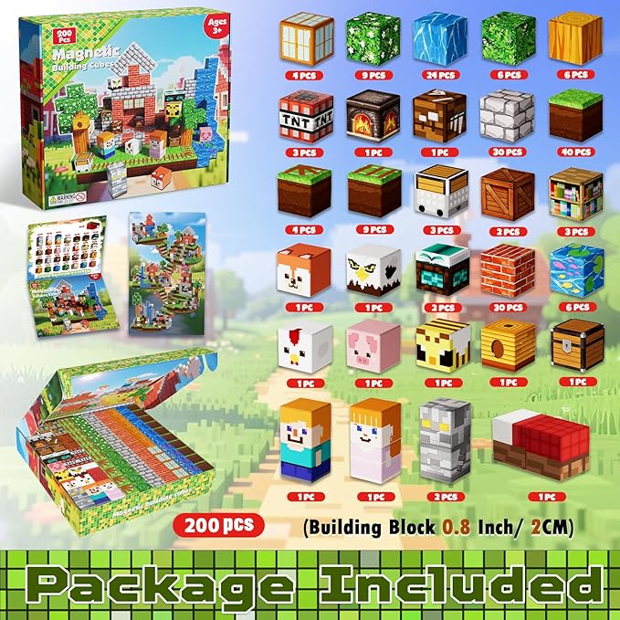 200 PCS Magnetic Blocks - Magnetic Building Blocks, Stacking Magnets for Kids, Sensory Toy for STEM Montessori Sensory Toys for Kids 3+ Boys and Girls Christmas Birthday Gifts