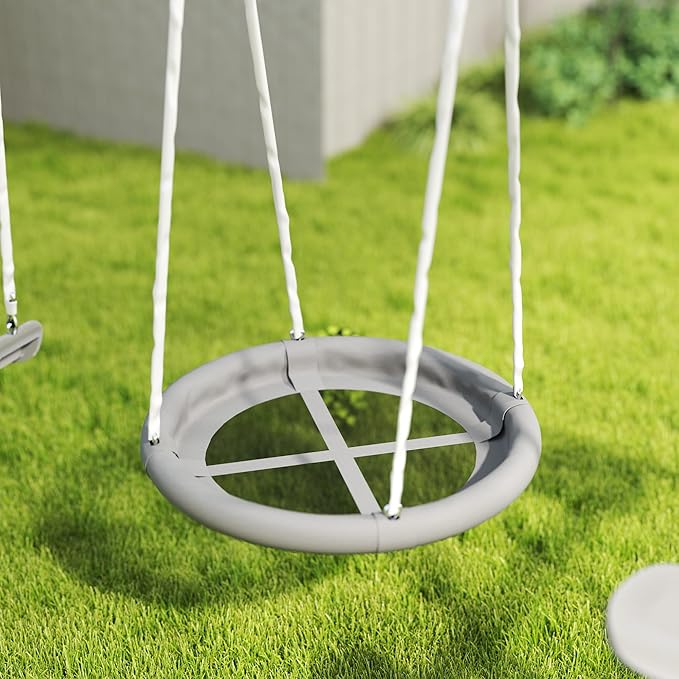 Outsunny Swing Set for Backyard, 5 in 1 Outdoor Playset for Kids with Heavy-Duty A-Frame Stand, 29.5" Saucer Swing, Slide, Teeter-Totter, Glider, 693 Lbs Load, Gray