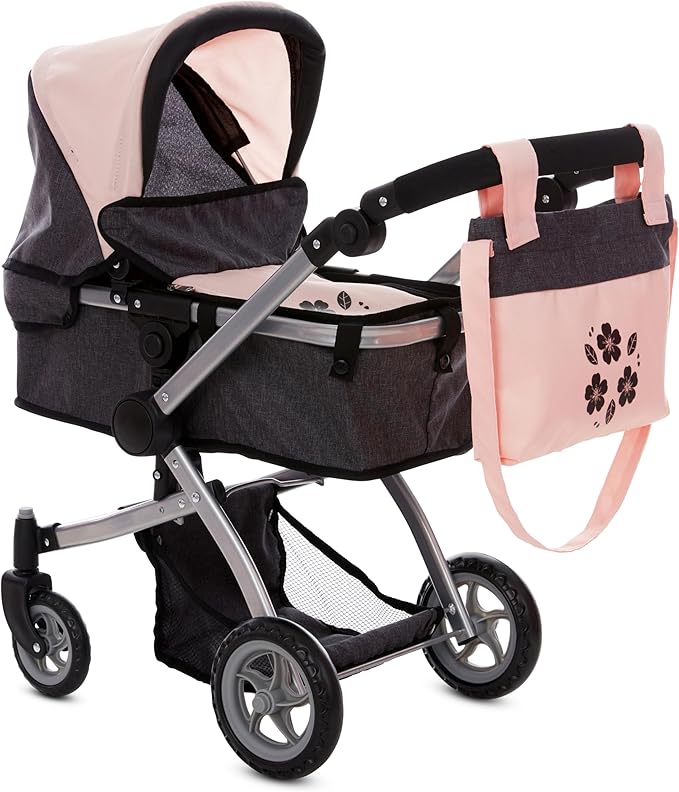 Dolls To Play Baby Doll Convertible Pram Stroller for Kids, Adjustable Handle Foldable Buggy Carriage with Canopy and Storage Basket Heavy Duty Premium Quality Rotating Wheels - 25 Inch