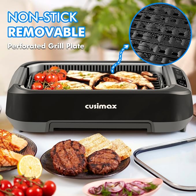 CUSIMAX Smokeless Indoor Grill, 1500W Electric Grill Korean BBQ Grill Black | Adjusting Temperature/With Smart LED Display/Turbo Smoke Extractor/Non-stick Removable Grill Plate/Tempered Glass Lid