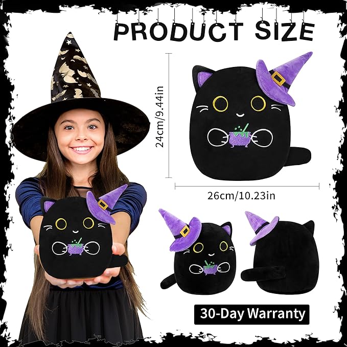 Halloween Stuffed Animal Plush Toy - 8 Inch Black Cat with Wizard Hat Plush Pillow Soft, Cute Stuff Animals Plushies Toys Gift for Kids Girls Boys, Halloween Birthday Party Decorations