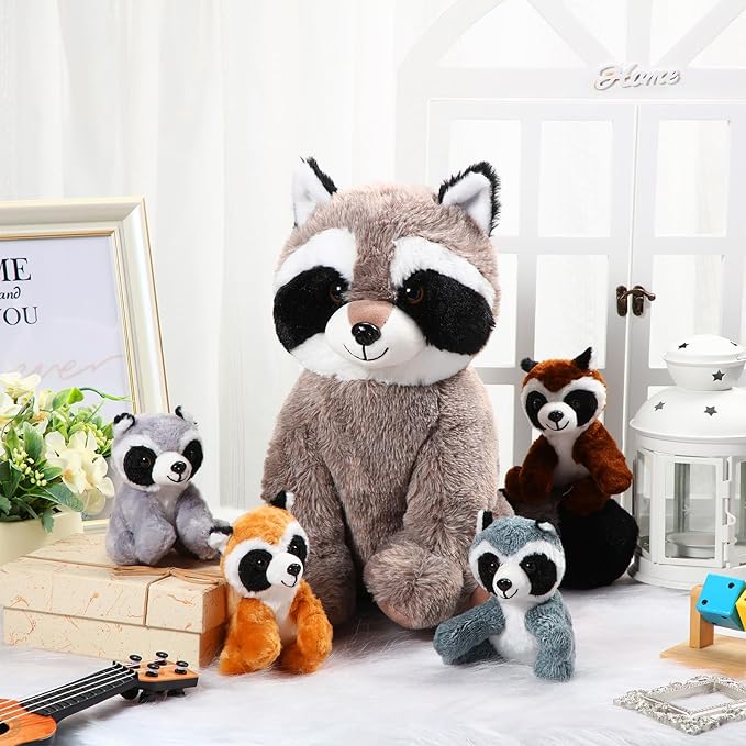 5 Pcs Raccoon Stuffed Animal Set Adorable Mommy Raccoon Plush with 4 Cute Babies in Tummy Soft Cuddly Plushie for Birthday Woodland Party Decor(Cuddly Style)