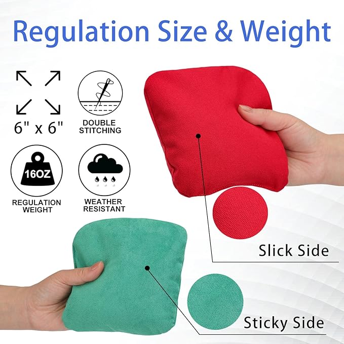 EunHo Regulation Cornhole Bags Set of 8 - Dual Sided Slick and Stick Cornhole Bean Bags for Tossing Game Professional All Weather Pro Corn Hole Bags with Tote Bag
