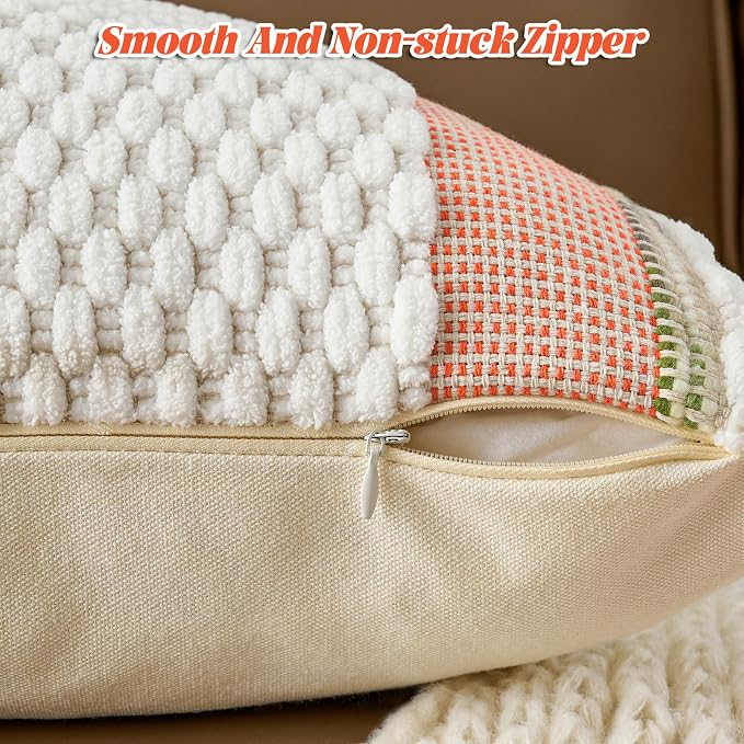 Set of 2 Chenille Striped Textured Boho Throw Pillow Covers Aesthetic with Tassels Woven Decorative Pillow Case for Couch Bed Sofa Bedroom Modern Funky 18 x 18-Inch White Orange