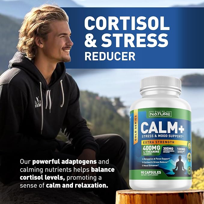 Built by Nature Calm+ Relaxation & Focus Supplement, 90 Capsules Stress, Cortisol & Mood Support, L-Theanine, Ashwagandha, Magnesium Glycinate, Vitamin D3