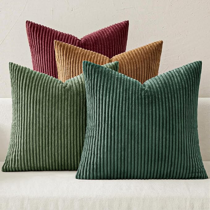 MIULEE Soft Corduroy Decorative Throw Pillow Covers Christmas Green 18x18 | Set of 4, Mordern Nordic Christmas Decor, Green Red Accent Set, Boho Farmhouse Cushion Covers for Couch Bed Sofa Living Room