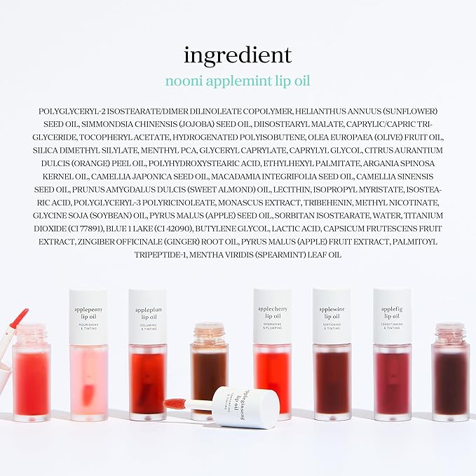 NOONI Korean Lip Oil - Applemint | Long-Lasting, Moisturizing, Plumping, Revitalizing for Dry Lips, Waterproof, No Peel Off, Hydrating, Nourishing Crystal Clear, 0.12 FL Oz