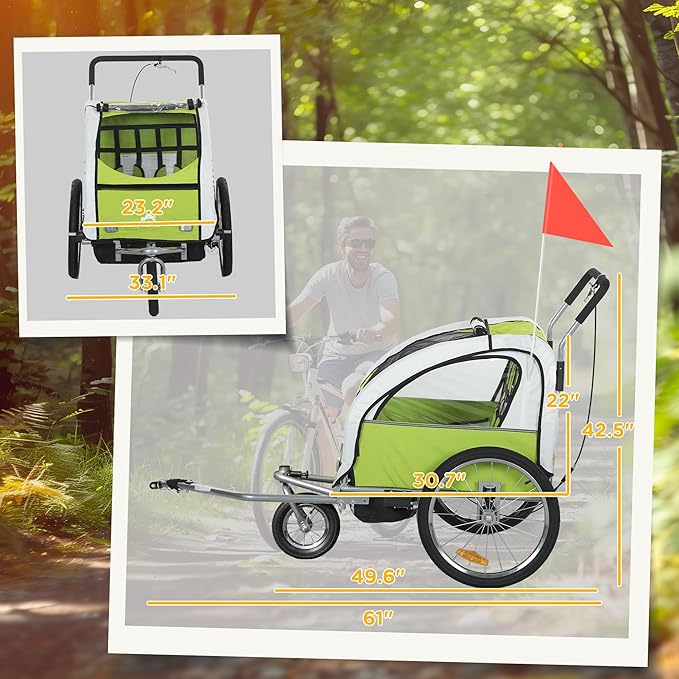 Aosom Elite 360 Swivel Bike Trailer for Kids Double Child Two-Wheel Bicycle Cargo Trailer with 2 Security Harnesses