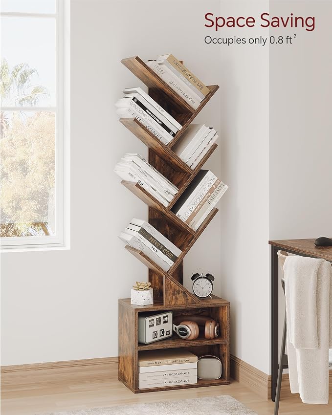 SUNMORY 6 Tier Tree Bookshelf, Tall Small Bookcase with Storage Cabinet | Modern Narrow Bookshelves Organizer, Floor Standing Book Case Shelf for Bedroom Living Room Home Office Corner, Rustic Brown