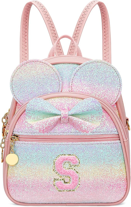 KKXIU Initial Bowknot Mini Backpacks for Girls Women, Small Cute Backpack Purse, Personalized Valentines Day Gifts for Toddler, Kids and Teen Girls(S, Rainbow)