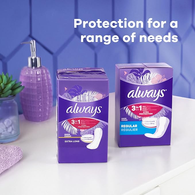 Always 3-in-1 Xtra Protection, Daily Liners for Women, Regular Absorbency, with Leakguard + Rapiddry, Unscented, 84 Count x 3 (252 Count Total) (Packaging May Vary)