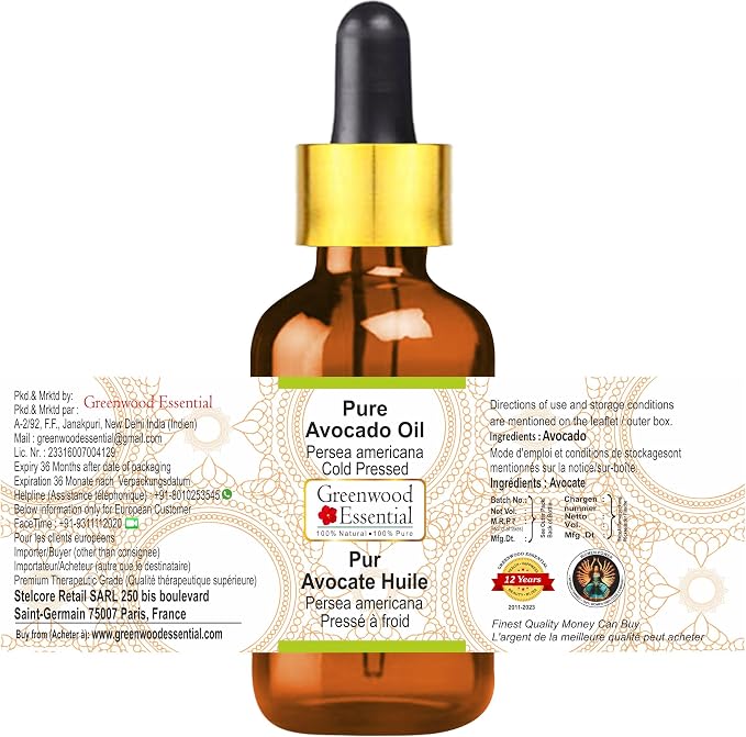 Greenwood Essential Pure Avocado Oil (Persea americana) with Glass Dropper Cold Pressed 30ml (1 oz)