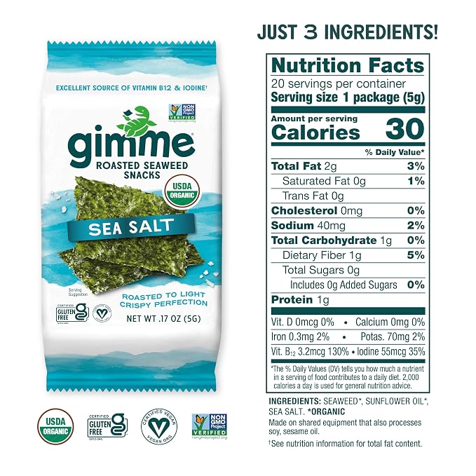 Gimme Seaweed Organic Premium Roasted Seaweed Snacks, Sea Salt, Keto, Vegan, Gluten-Free, Great Source of Omega3s and Iodine, Healthy On-The-Go Snack for Kids and Adults, 20 Count (Pack of 2)