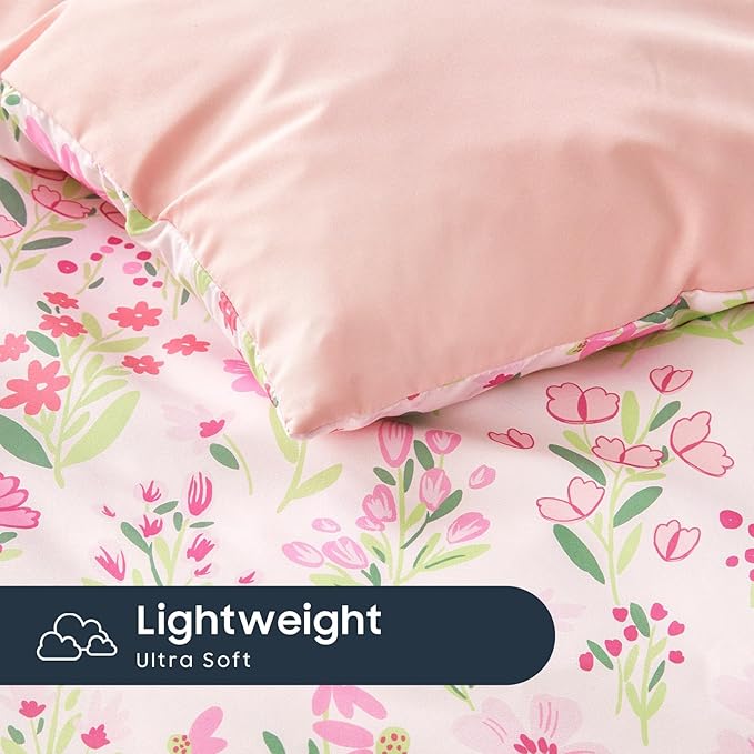 Wake In Cloud - Floral Bedding Set for Girls, Cute Colorful Botanical Flowers Patterned Soft Lightweight Comforter Set with Sheets, 7 Pieces Kids Bed in a Bag, Light Pink, Full Size