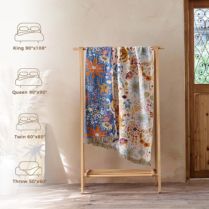 LUTBM Boho Throw Blanket for Couch 50"x60", Cotton Decorative Bed Throws | Reversible Floral Leaves Jacquard, All-Season Lightweight Soft Blanket, For Chair Sofa Bedroom Living Room Decor, Accent Gift