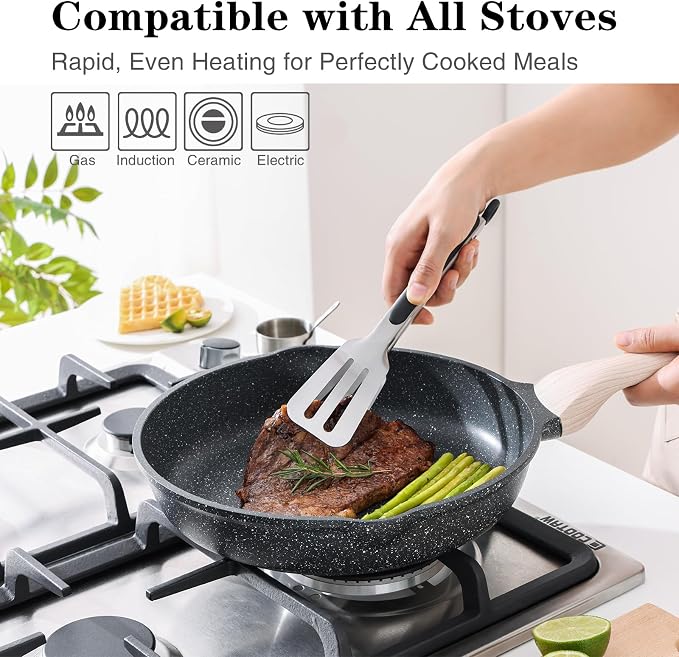 Kordisen Non Stick Frying Pan Skillet with Lid, 9.5 inch Cooking Pan | Non Toxic, Healthy, Induction Compatible, Heat Resistant Handle, PFOA Free