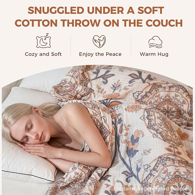 LUTBM Boho Throw Blanket for Bed 60"x80", 100% Cotton Cozy Couch Blankets | Reversible Floral Jacquard, All-Season Quilt, For Chair Sofa Living Room, Lightweight & Breathable Gauze, Vintage Home Decor