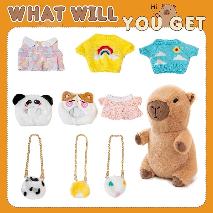 Capybara Plush with 10 Pcs Clothes & Accessories,Christmas Stuffed Animals, 10.2 in Cute Capybara Plush Toys,Birthday Gifts&Dress Up Cute Plushies for Boys/Girls (Summer-A)