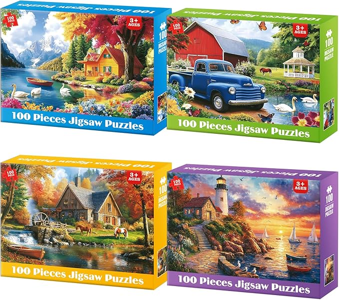 100 Piece Puzzles - 4 Themed Landscapes Large Piece Puzzles for Senior Adults Kids Puzzle Ages 5-8 Jigsaw Puzzle for Kids Ages 4-6 6-8 8-10 Year Old Educational Toys for Girls Boys 4-Pack