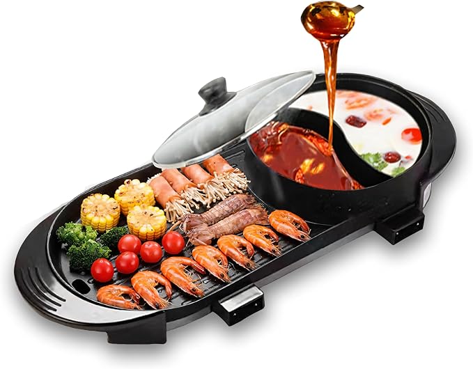 Electric Hot Pot Grill Combo 1500W Black | 2-in-1 Korean BBQ Shabu Shabu Cooker with Yin-Yang Divider, Large Capacity Separate Temp Control for Family Gatherings Indoor