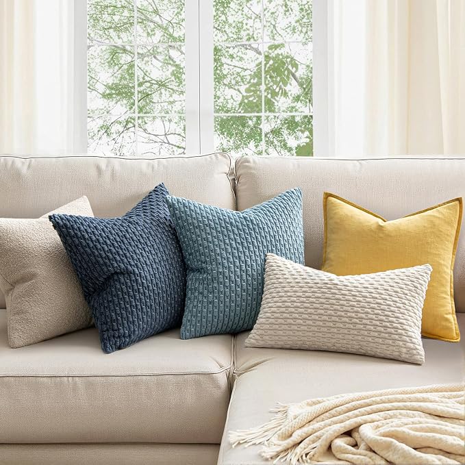 MIULEE Decorative Throw Pillow Covers 18x18 Blue Textured Corduroy | Pack of 2 Striped Pillow Covers Modern Farmhouse Coastal Home Decor for Couch Bed Sofa Living Room