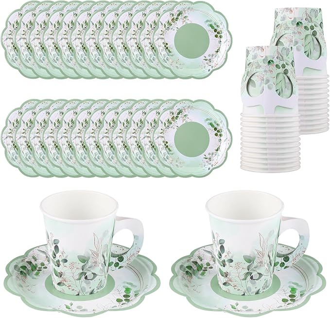 NatNarr 24 Sets Eucalyptus Leaf Tea Party Cups, 7 OZ Disposable Paper Tea Cups with Handle and Plates Teacups and Saucer Sets for Bridal Baby Shower Wedding Birthday Spring Party