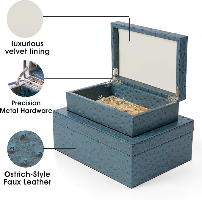 Set of 2 Decorative Storage Boxes with Lids, Faux Ostrich Leather | Memory Box, Soft Velvet Lining, Sturdy MDF Core, Stackable Design, Large Storage Capacity, Gift Ready, Home Décor