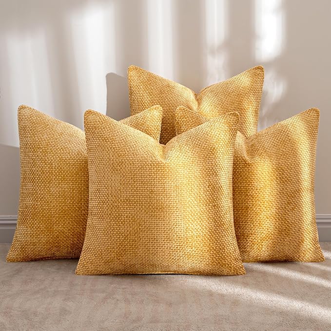 MIULEE Soft Decorative Chenille Pillow Covers Gold 20x20 Pack of 4 | Modern Home Decor, All Same Gold Color Set, Couch Throw Pillows, Farmhouse Boho Cushion Covers for Sofa Bed Living Room