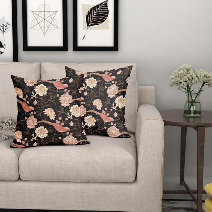 Pink White Roses Floral Pillow Covers 16X16 Inch Set of 2 Retro Flowers Birds Gold Leaf Decorative Pillow Cases Art Vintage Black Cotton Linen Cushion Case Home Decor for Sofa Couch Porch Outdoor