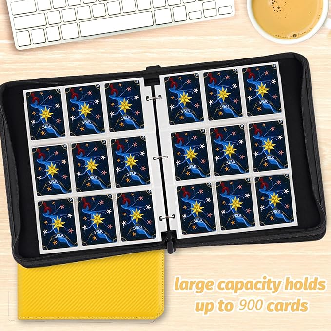 Trading Card Binder, 900 Pockets Card Binder, 9-Poccket Sided Pocket Sports Card Binder, Premium Card Binders Compatible with MTG, TCG, Baseball Cards(Carbon Yellow)