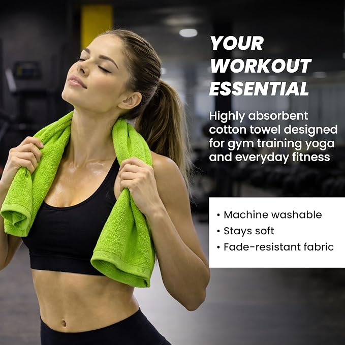 Sports Towel - Double Pack (2 Pieces), 12"x51", Lime Green, 100% Cotton - Oeko-Tex Certified, Very Absorbent and Quick-Drying, for Fitness, Gym and Yoga