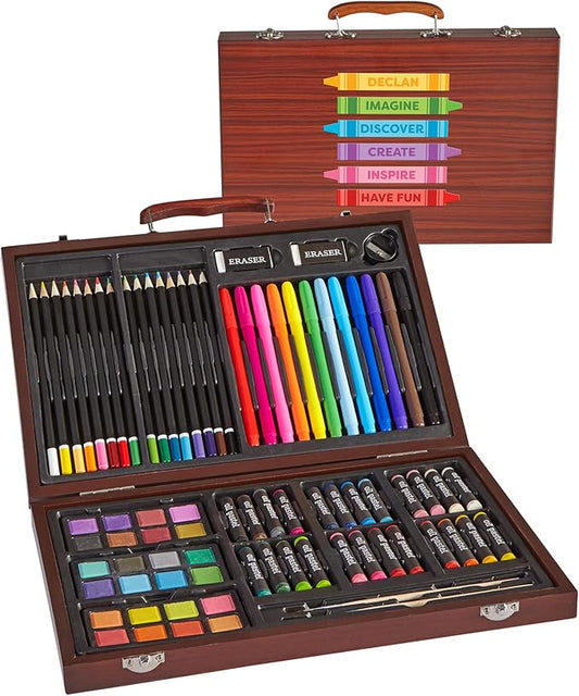 Let's Make Memories Personalized 80-Piece Deluxe Art Set - for Kids - Wood Carrying Case - Oil Crayons, Colored Pencils, Watercolors - Arts & Crafts - Palette Design - Add Name - Creative Crayons