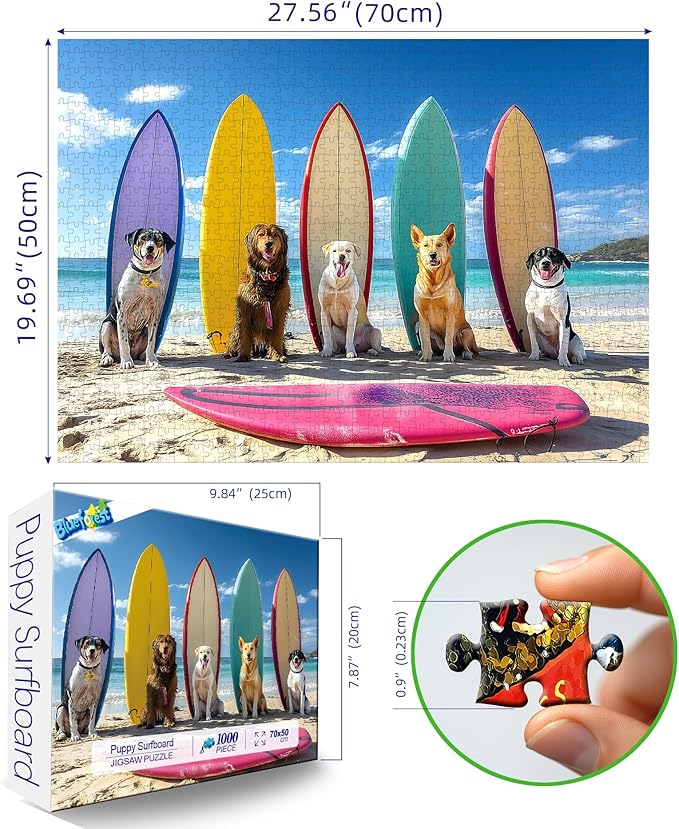 Surfing Dogs Party 1000 Piece Puzzle for Adults Clearance, Fun Puzzles for Adults 1000 Pieces with HD Print & Poster, 27.5" X 19.7" Dust Fre, for Gifts Halloween Christmas Family Games Lovers