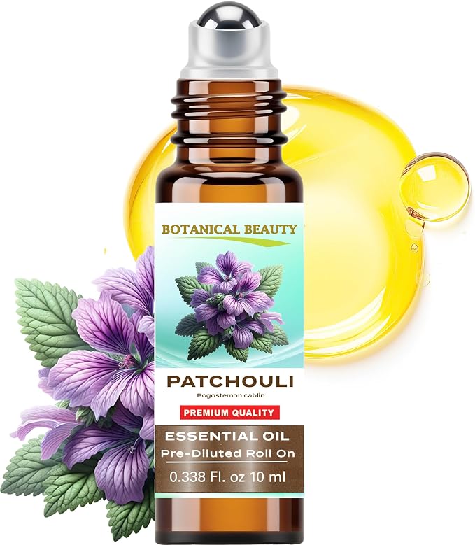 Botanical Beauty PATCHOULI ESSENTIAL OIL Roll On 0.33 Fl Oz 10 ml for Calming, relaxing, Stress, Better Sleep in 100% Pure Organic MCT Coconut Oil. for Skin, Hair, Aromatherapy, Travel.