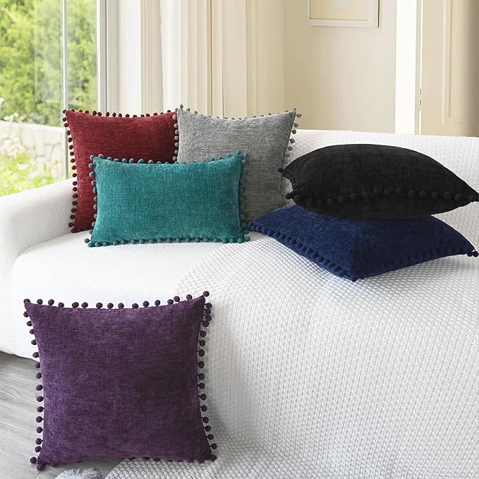 CaliTime Decorative Couch Throw Pillow Covers 20 X 12 Inches Black | Pack of 2, Cozy Chenille Cushion Cases, with Pom Poms for Sofa Bed Living Room Farmhouse Home