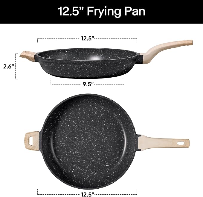CAROTE 12.5 inch Nonstick Frying Pan, Black Granite Skillet | Kitchen Healthy Non Toxic Stone Cookware, Induction Compatible, Dishwasher & Oven Safe, PFOA Free