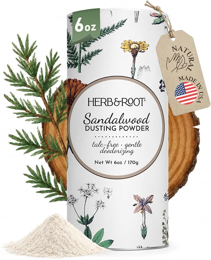 Sandalwood Talc-Free Dusting Powder with Arrowroot, Oats, Zinc & Magnesium - Body & Foot Powder for Women, Chafing & Deodorizing (Sandalwood)