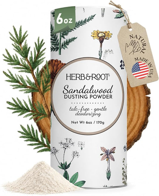Sandalwood Talc-Free Dusting Powder with Arrowroot, Oats, Zinc & Magnesium - Body & Foot Powder for Women, Chafing & Deodorizing (Sandalwood)