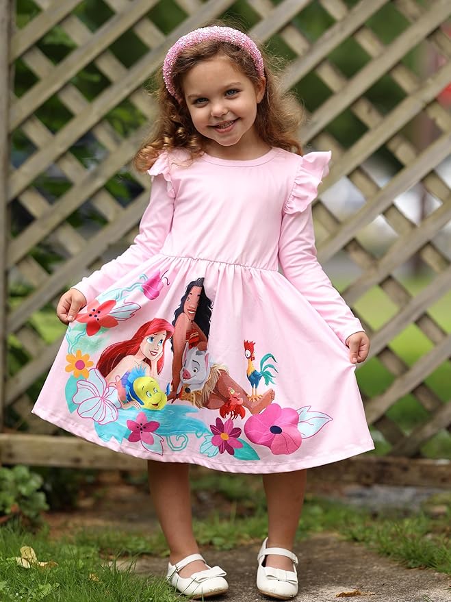 Disney Frozen Elsa Stitch Princess Minnie Mouse Toddler Girl Dresses 2 Pack Ruffle Long Sleeve Dress Set (3 Months - 6 Years)