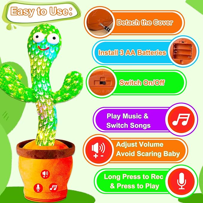 Baby Toys Interactive, Dancing Talking Cactus Toy Volume Adjustable, Mimicking Singing Repeating, Kids Toddler Infant Baby Toys Gifts for Boys Girls, Valentine's Day Gifts for Kids Baby Todder