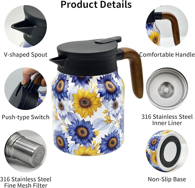 35 OZ Sunflower Vintage Floral Tea Pot with Infuser, Large Capacity Insulated Stainless Steel Tea Kettle, 12 Hour Hot/Cold Retention, Tea-Water Separation Loose Leaf Tea Steeper for Hot Drinks