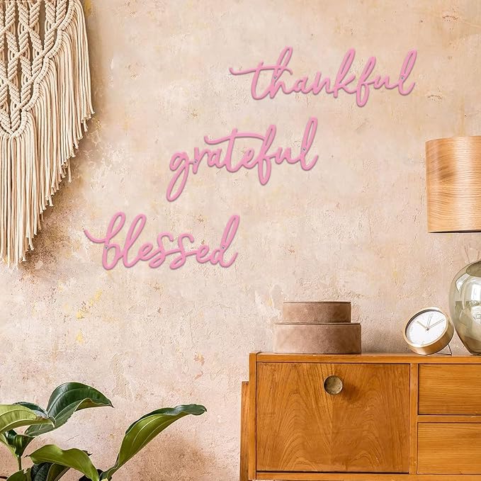 Thankful Grateful Blessed Letter Sign Metal Wall Decor, 3 Pieces Pink Letters Wall Art for Bathroom Bedroom Metal Words Wall Decor for Home Decor (Pink)