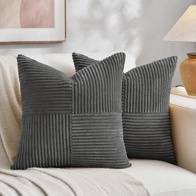 Fancy Homi 2 Packs Dark Gray Samll Decorative Throw Pillow Covers 14x14 Inch with for Couch Bed Sofa, Rustic Farmhouse Boho Home Decor, Soft Corss Patchwork Corduroy Square Cushion Case 35x35 cm