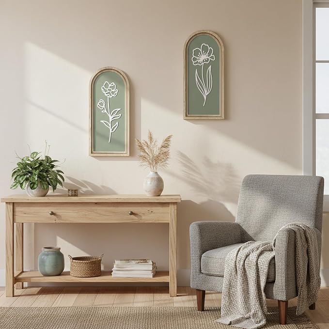 Sage Green 3D Wooden Floral Wall Art Set of 2, Arched Bathroom Wall Decor | Raised white floral cutouts in arched wood frames; ready-to-hang boho botanical decor for bedrooms, hallways and entryways
