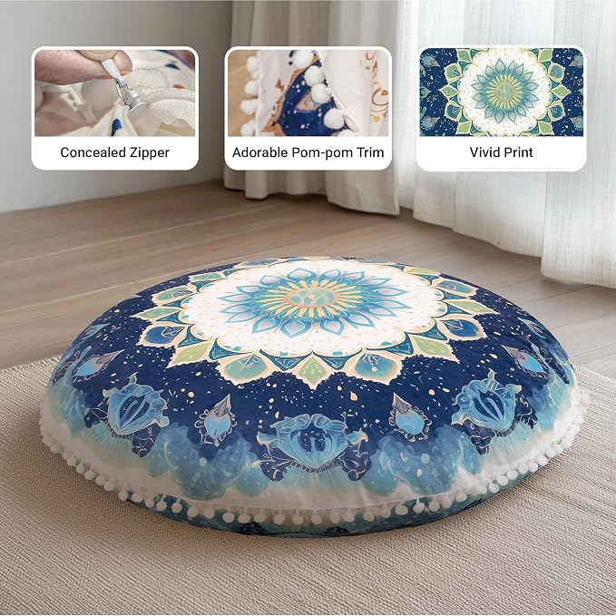 Meditation Cushion Set of 2, Round Floor Pillow Seating for Adults, Bohemian Mandala Yoga Cushion, 32" Extra Thick Memory Foam Removable Washable Cover, Ideal Gift Holiday Decor, Green